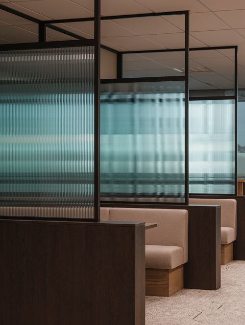 Avanti Finance Booth seating with fluted glass partitioning